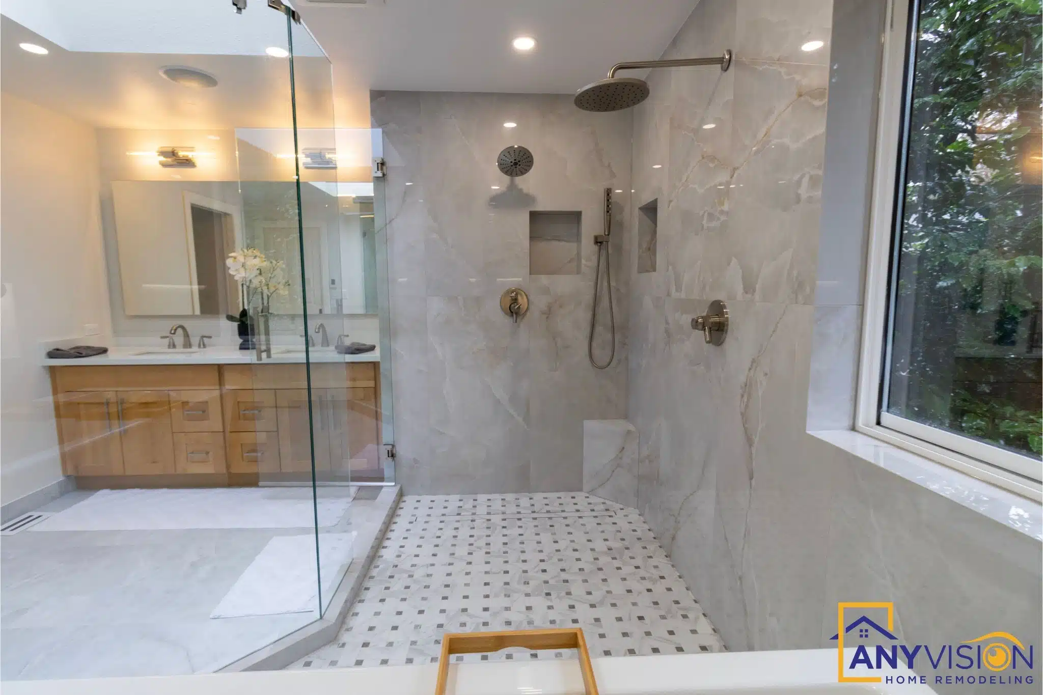 Full view of the finished master bathroom from the doorway