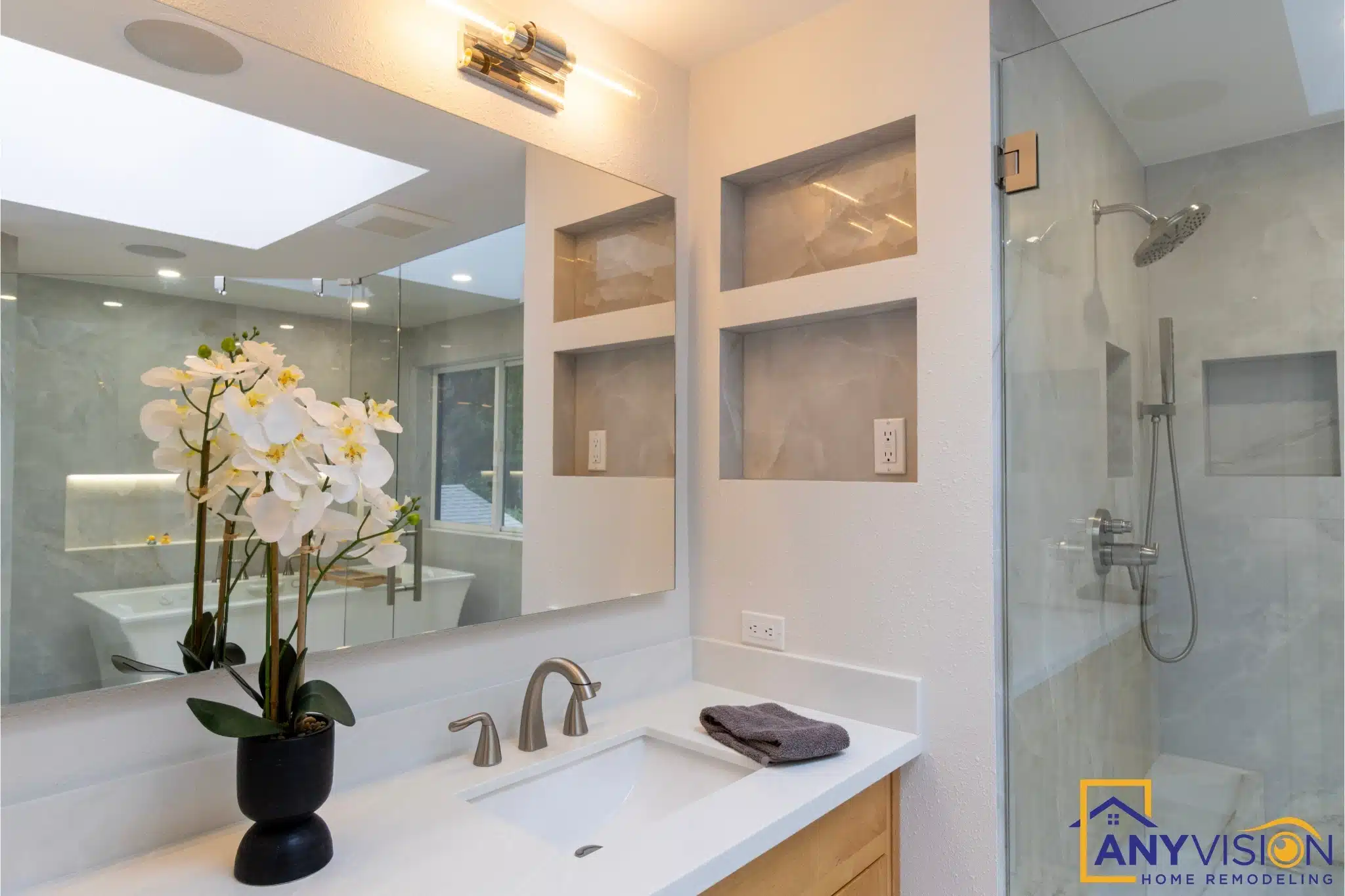Vanity detail from a Carnation master bathroom remodel completed to a written scope by Anyvision